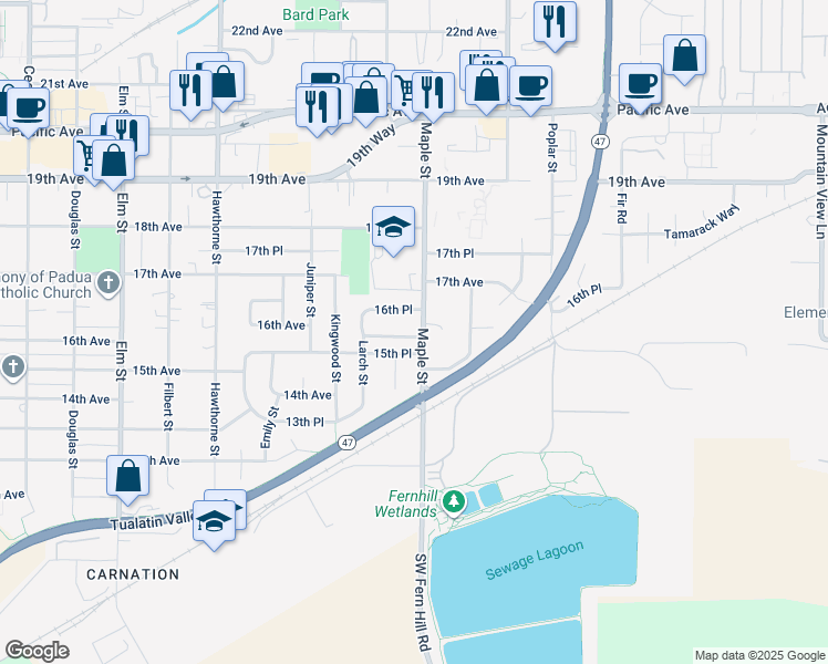 map of restaurants, bars, coffee shops, grocery stores, and more near 1614 Maple Place in Forest Grove