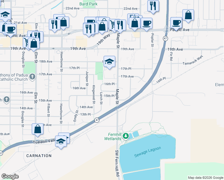 map of restaurants, bars, coffee shops, grocery stores, and more near 1614 Maple Place in Forest Grove