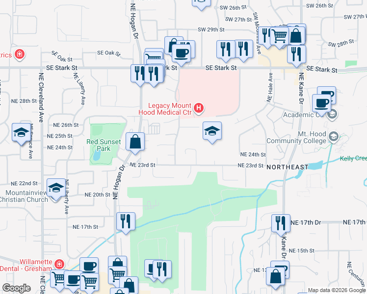 map of restaurants, bars, coffee shops, grocery stores, and more near 2468 Northeast Fleming Terrace in Gresham