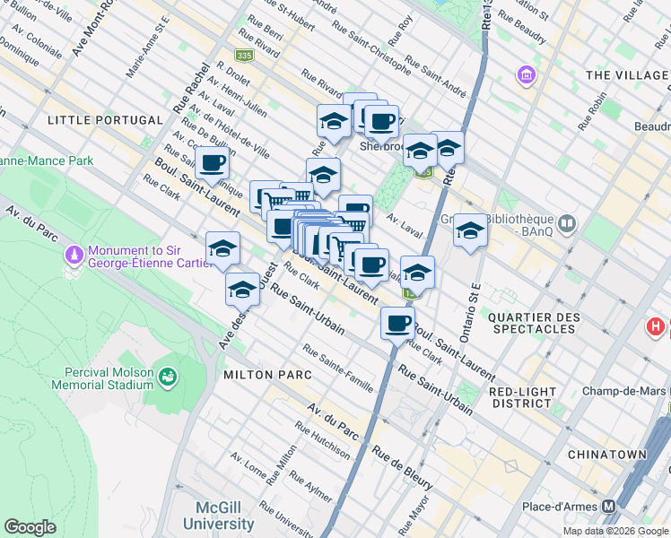 map of restaurants, bars, coffee shops, grocery stores, and more near 3611 Boulevard Saint-Laurent in Montréal