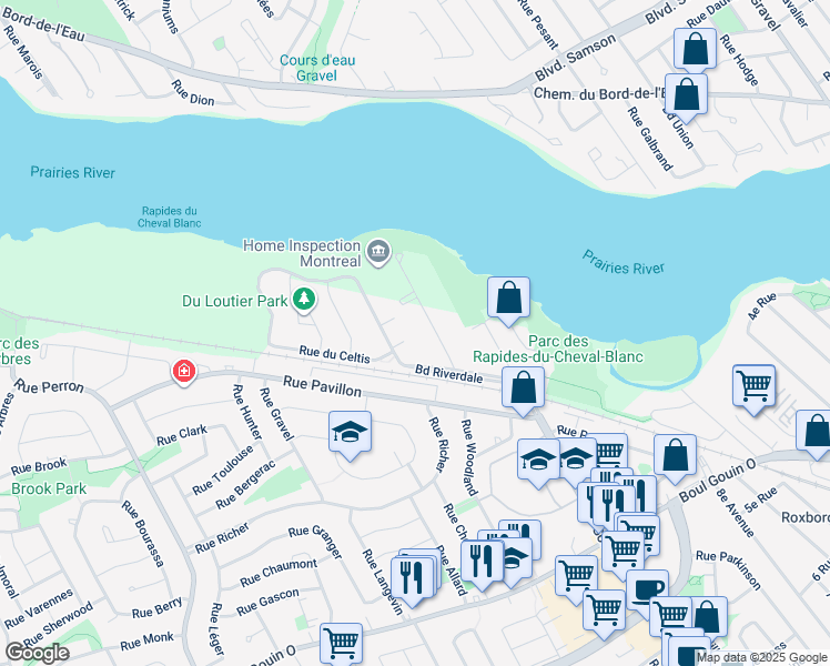 map of restaurants, bars, coffee shops, grocery stores, and more near 5210 Rue Riviera in Montréal