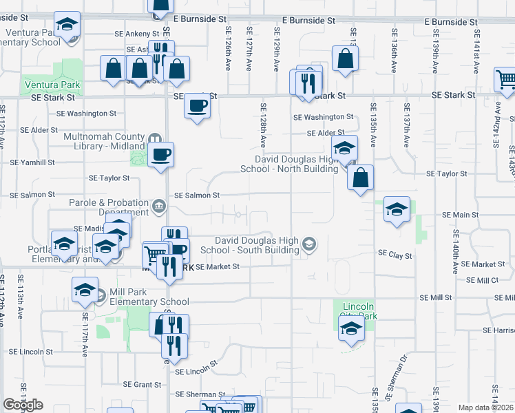 map of restaurants, bars, coffee shops, grocery stores, and more near 12723 Southeast Main Street in Portland
