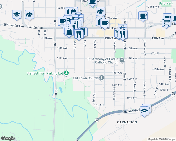 map of restaurants, bars, coffee shops, grocery stores, and more near 2113 16th Avenue in Forest Grove