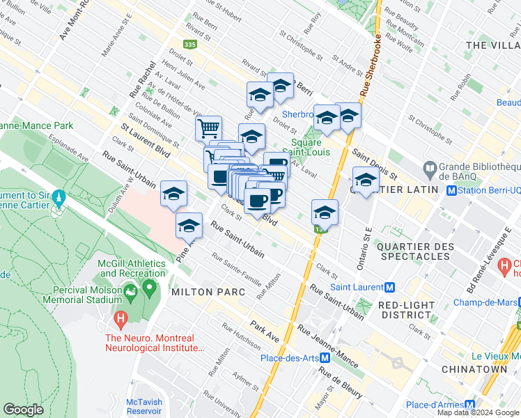 map of restaurants, bars, coffee shops, grocery stores, and more near 3611 Boulevard Saint-Laurent in Montréal