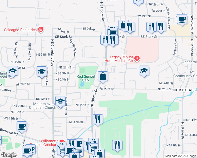 map of restaurants, bars, coffee shops, grocery stores, and more near 2400 Northeast Red Sunset Drive in Gresham