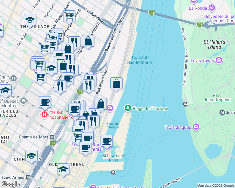 map of restaurants, bars, coffee shops, grocery stores, and more near 1000 Rue de la Commune Est in Montréal