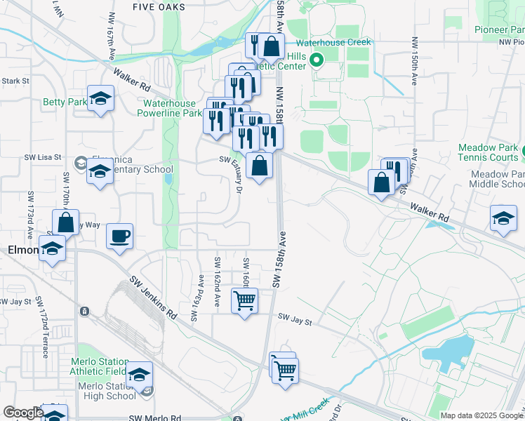 map of restaurants, bars, coffee shops, grocery stores, and more near 735 Southwest 158th Avenue in Beaverton