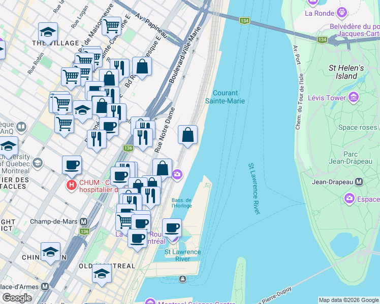 map of restaurants, bars, coffee shops, grocery stores, and more near 1000 Rue de la Commune Est in Montréal