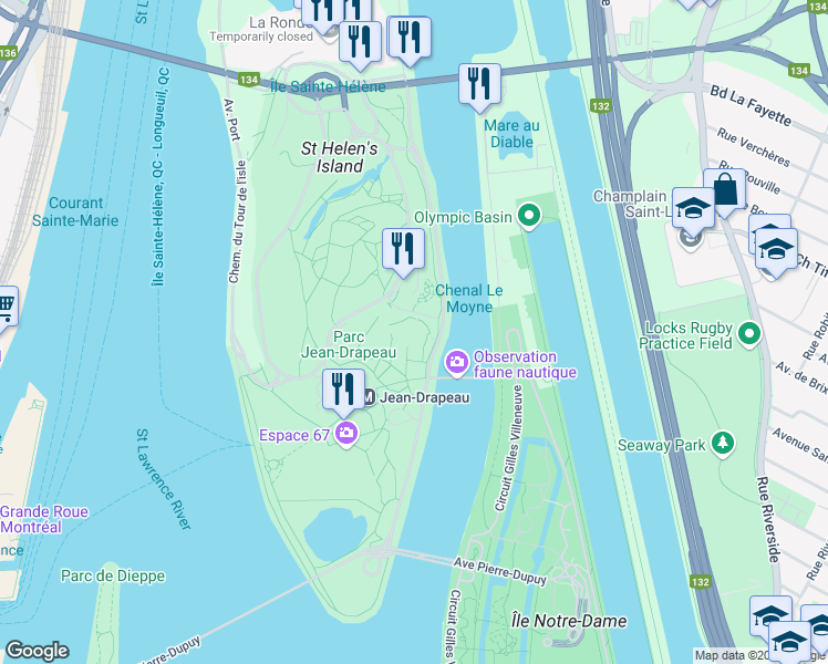 map of restaurants, bars, coffee shops, grocery stores, and more near 160 Chemin du Tour de l'îsle in Montreal
