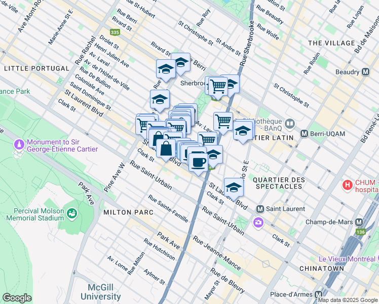 map of restaurants, bars, coffee shops, grocery stores, and more near 3510 Avenue Coloniale in Montréal