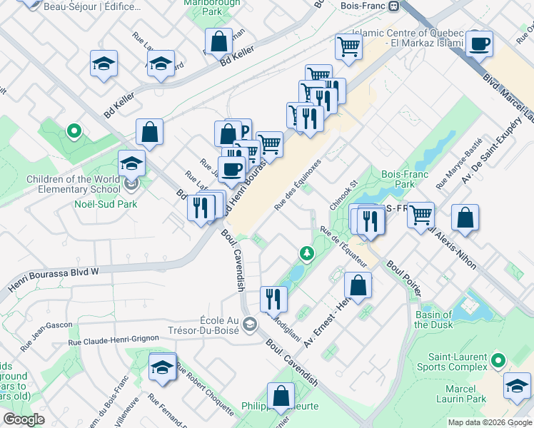 map of restaurants, bars, coffee shops, grocery stores, and more near 2703 Rue des Équinoxes in Montréal