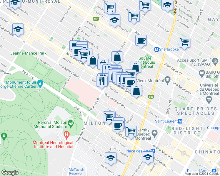 map of restaurants, bars, coffee shops, grocery stores, and more near 50 Rue Guilbault Ouest in Montréal