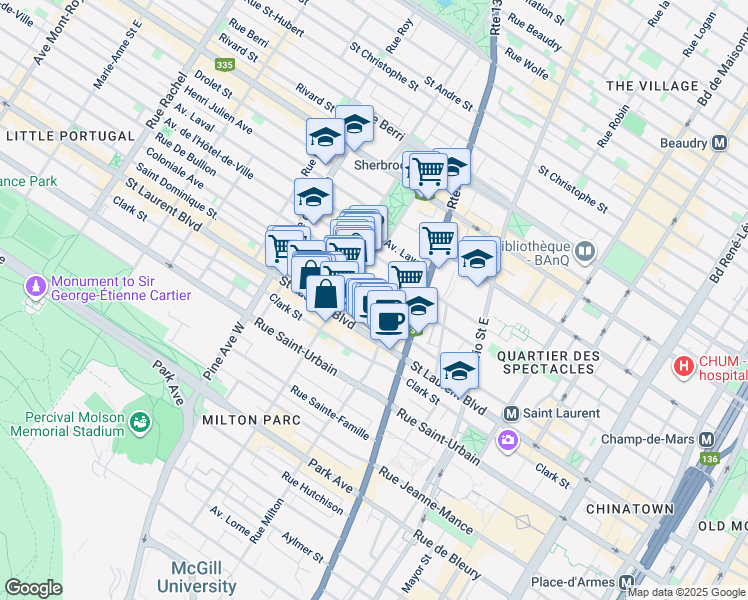 map of restaurants, bars, coffee shops, grocery stores, and more near 3508 Avenue Coloniale in Montréal