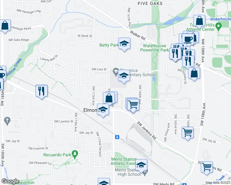 map of restaurants, bars, coffee shops, grocery stores, and more near 16957 Southwest Cashew Way in Beaverton