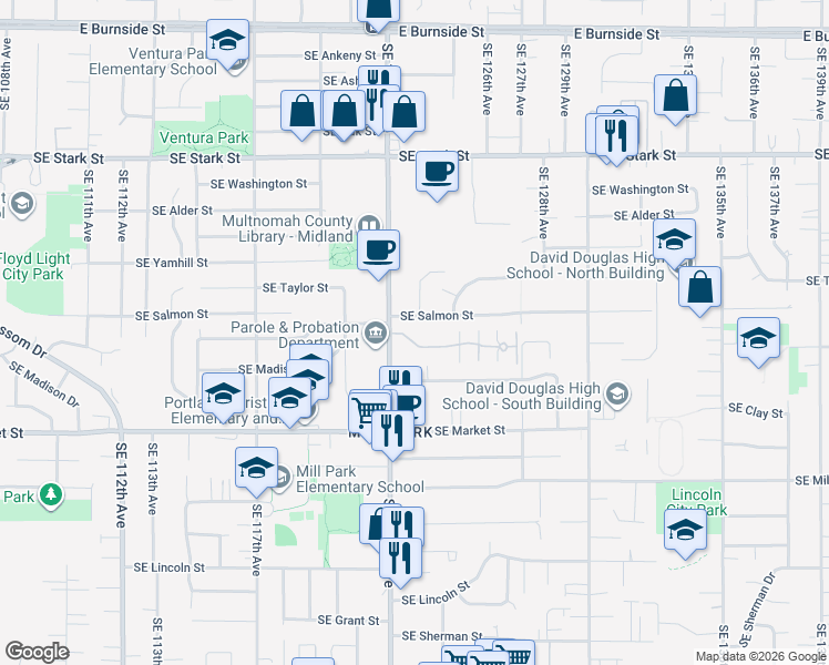 map of restaurants, bars, coffee shops, grocery stores, and more near 12308 Southeast Salmon Street in Portland