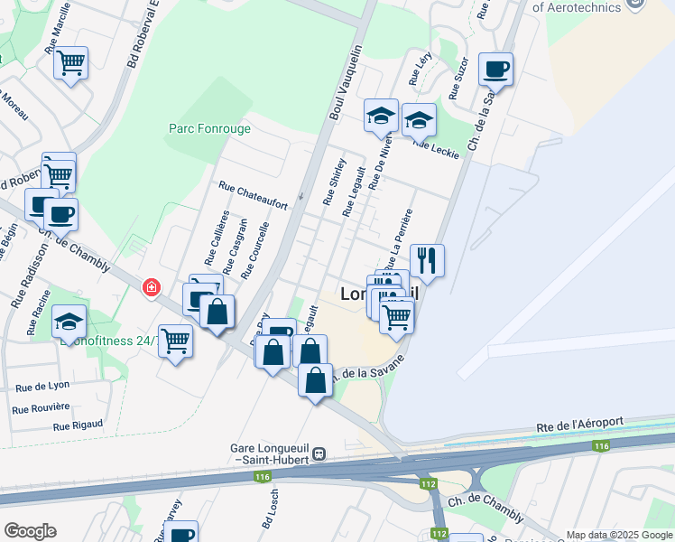 map of restaurants, bars, coffee shops, grocery stores, and more near 4340 Rue De Niverville in Longueuil