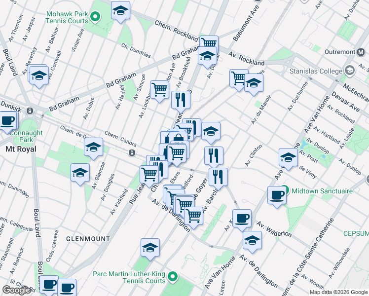 map of restaurants, bars, coffee shops, grocery stores, and more near 2500 Chemin Bates in Montréal