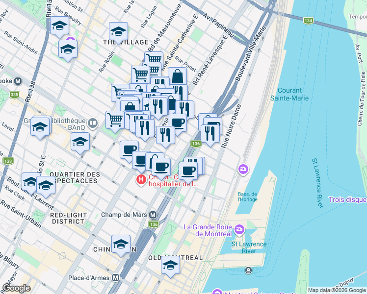 map of restaurants, bars, coffee shops, grocery stores, and more near 869 Avenue Viger Est in Montréal