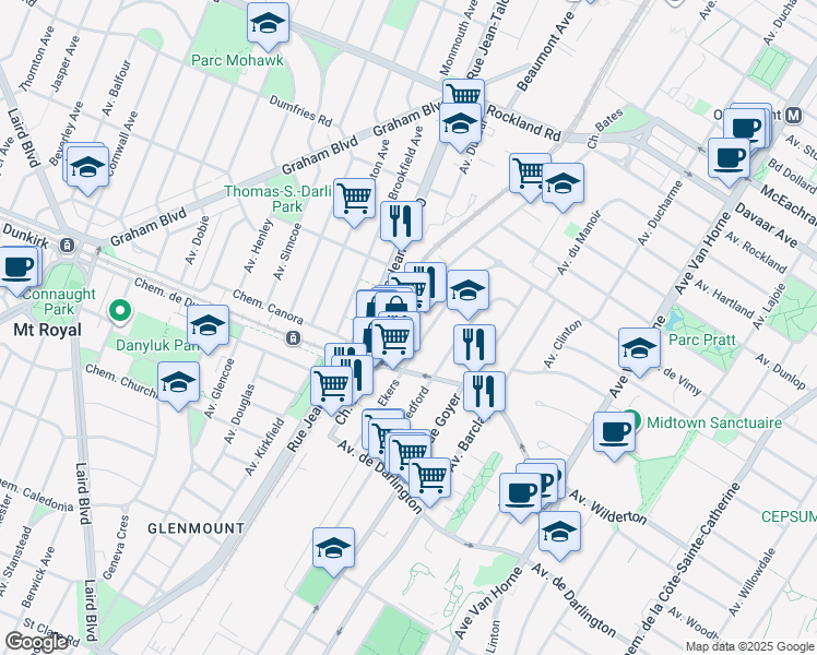 map of restaurants, bars, coffee shops, grocery stores, and more near 2500 Chemin Bates in Montréal