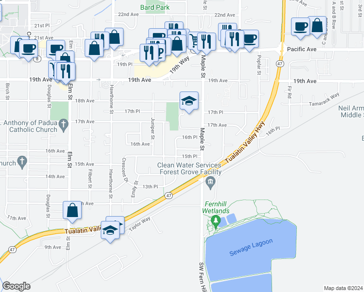 map of restaurants, bars, coffee shops, grocery stores, and more near 3035 Brittany Drive in Forest Grove