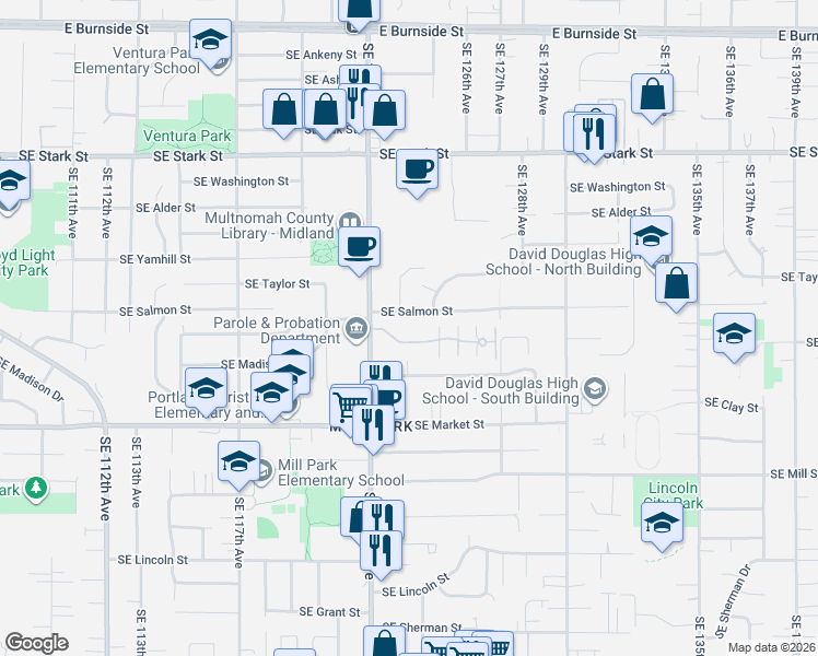 map of restaurants, bars, coffee shops, grocery stores, and more near 12325 Southeast Main Street in Portland