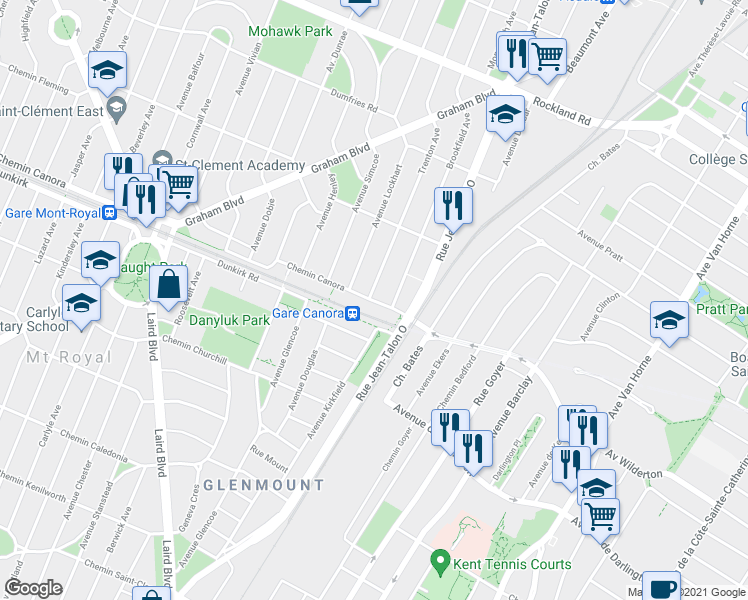 map of restaurants, bars, coffee shops, grocery stores, and more near 7375 Chemin Canora in Montreal