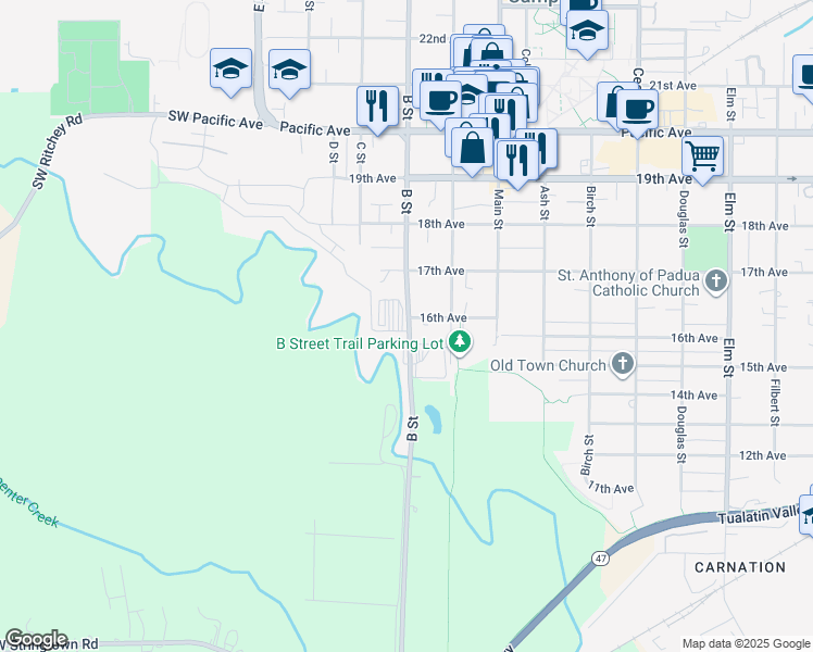 map of restaurants, bars, coffee shops, grocery stores, and more near 1610 B Street in Forest Grove