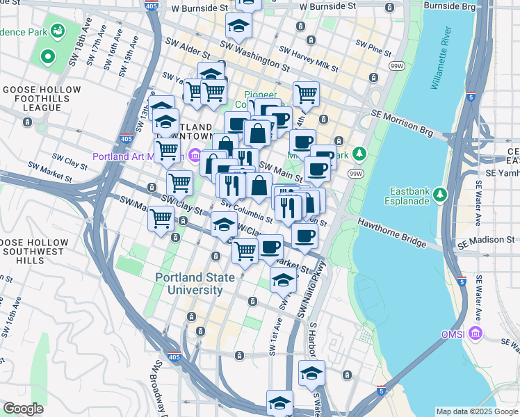 map of restaurants, bars, coffee shops, grocery stores, and more near 1300 Southwest 5th Avenue in Portland
