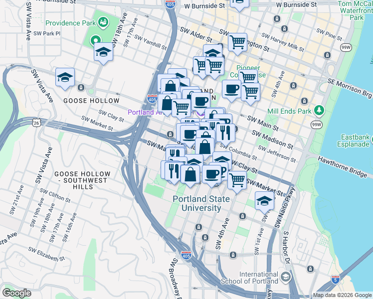 map of restaurants, bars, coffee shops, grocery stores, and more near 1511 Southwest Park Avenue in Portland