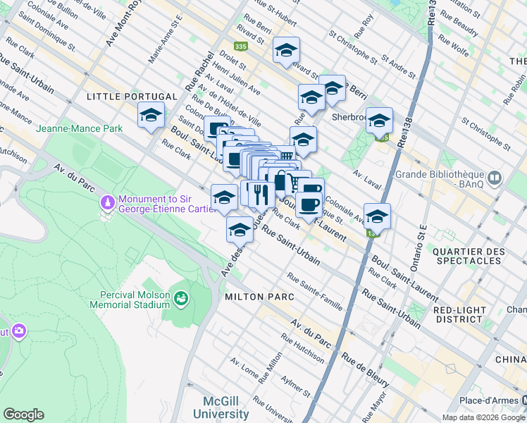 map of restaurants, bars, coffee shops, grocery stores, and more near Avenue des Pins & Rue Sewell in Montréal