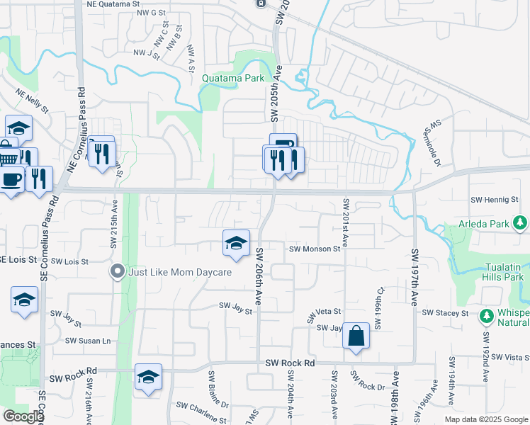 map of restaurants, bars, coffee shops, grocery stores, and more near 725 Southwest 206th Place in Aloha