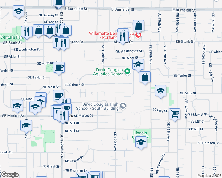 map of restaurants, bars, coffee shops, grocery stores, and more near 1221 Southeast 130th Avenue in Portland