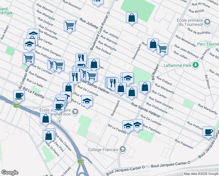 map of restaurants, bars, coffee shops, grocery stores, and more near 2096 Rue Préfontaine in Longueuil