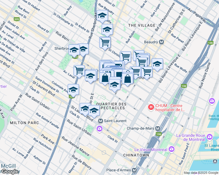 map of restaurants, bars, coffee shops, grocery stores, and more near 350 Rue Émery in Montréal