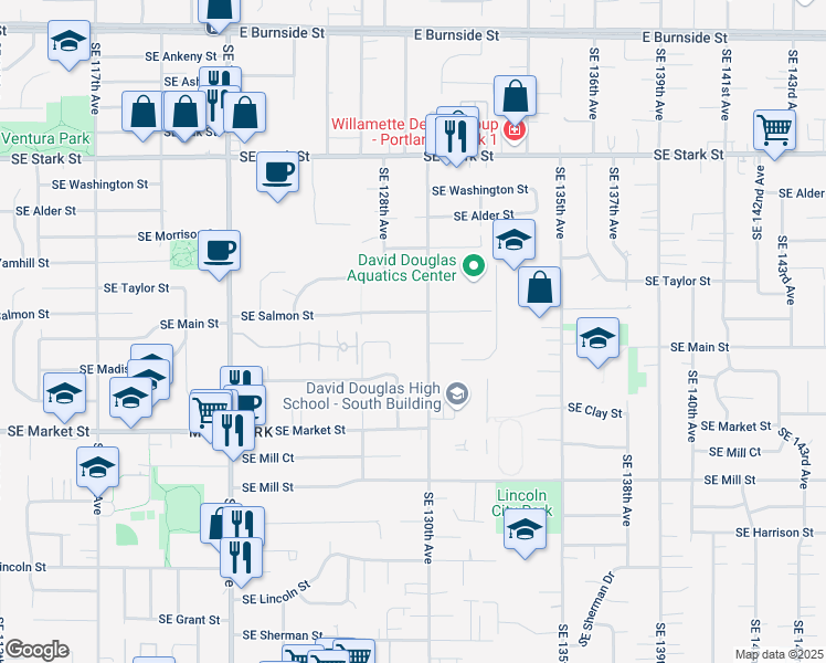 map of restaurants, bars, coffee shops, grocery stores, and more near 1221 Southeast 130th Avenue in Portland