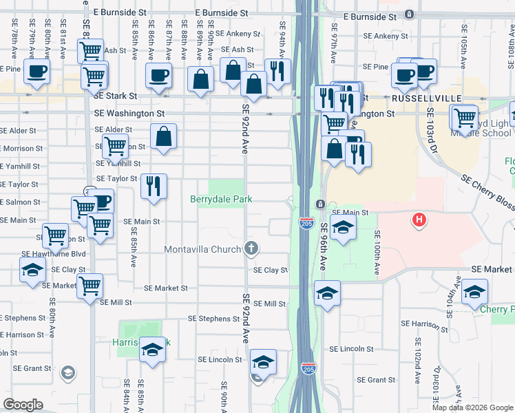 map of restaurants, bars, coffee shops, grocery stores, and more near 9258 Southeast Salmon Street in Portland