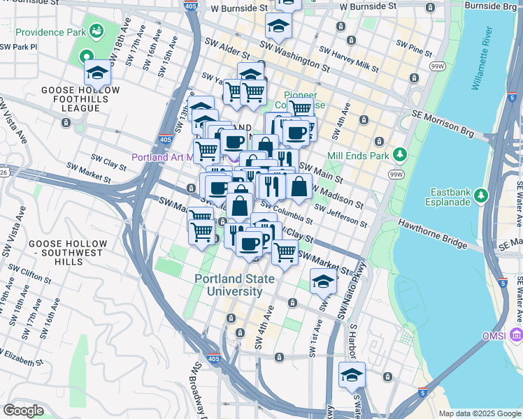 map of restaurants, bars, coffee shops, grocery stores, and more near 1406 Southwest Broadway in Portland