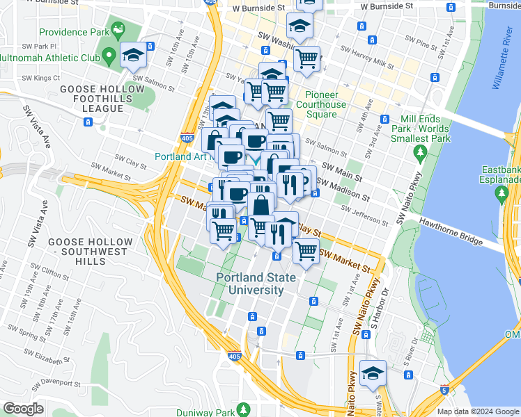 map of restaurants, bars, coffee shops, grocery stores, and more near in Portland