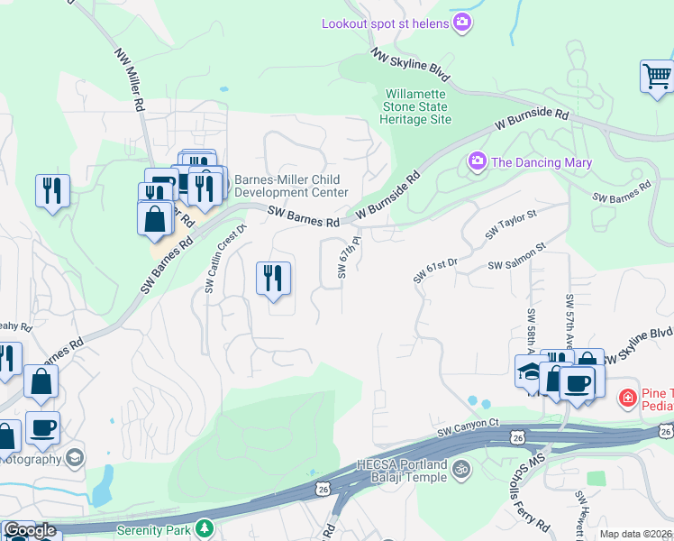 map of restaurants, bars, coffee shops, grocery stores, and more near 715 Southwest 67th Place in Portland