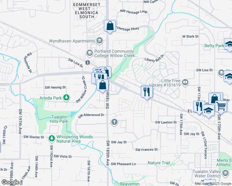 map of restaurants, bars, coffee shops, grocery stores, and more near 18425 Southwest Stepping Stone Drive in Beaverton