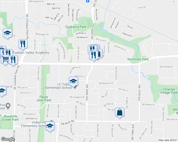 map of restaurants, bars, coffee shops, grocery stores, and more near 726 Southwest 206th Place in Aloha