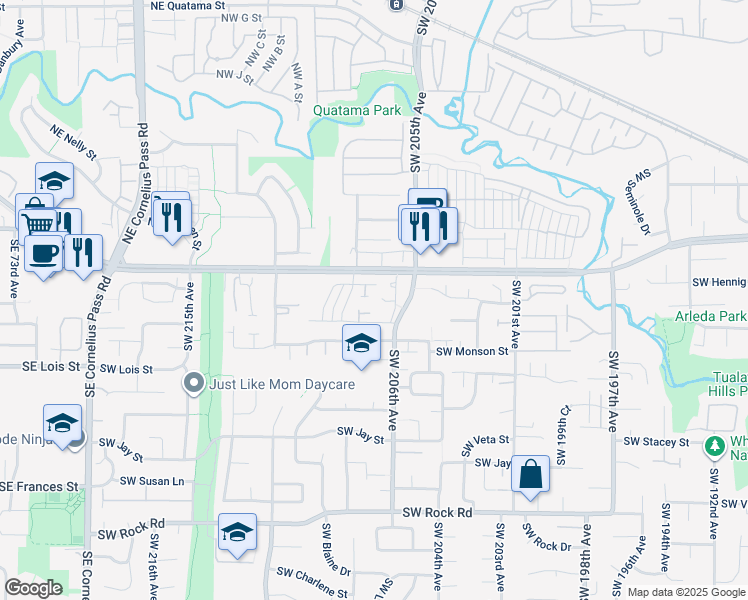 map of restaurants, bars, coffee shops, grocery stores, and more near 725 Southwest 207th Place in Beaverton