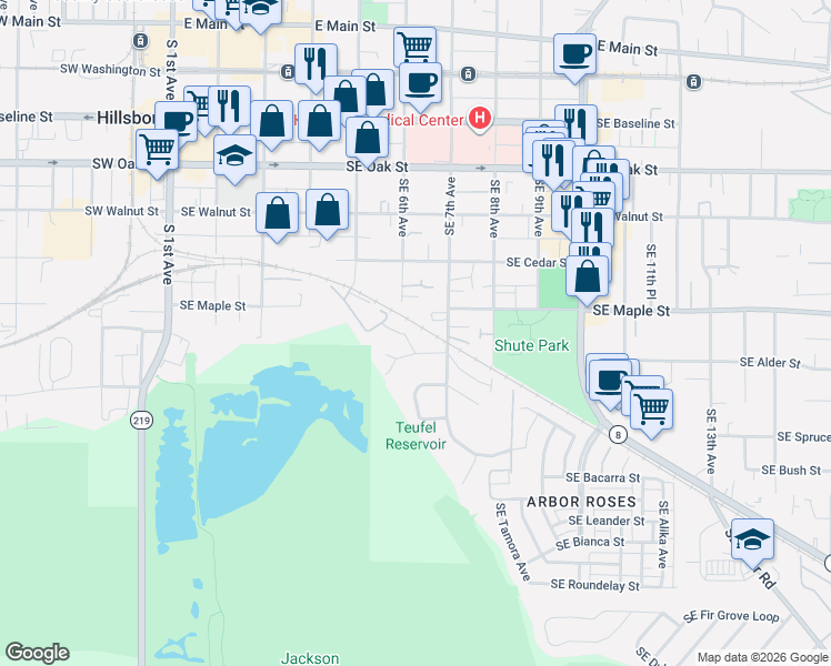 map of restaurants, bars, coffee shops, grocery stores, and more near 741 Southeast Camellia Court in Hillsboro
