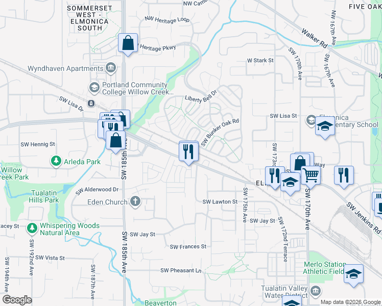 map of restaurants, bars, coffee shops, grocery stores, and more near 17885 Southwest Baseline Road in Beaverton