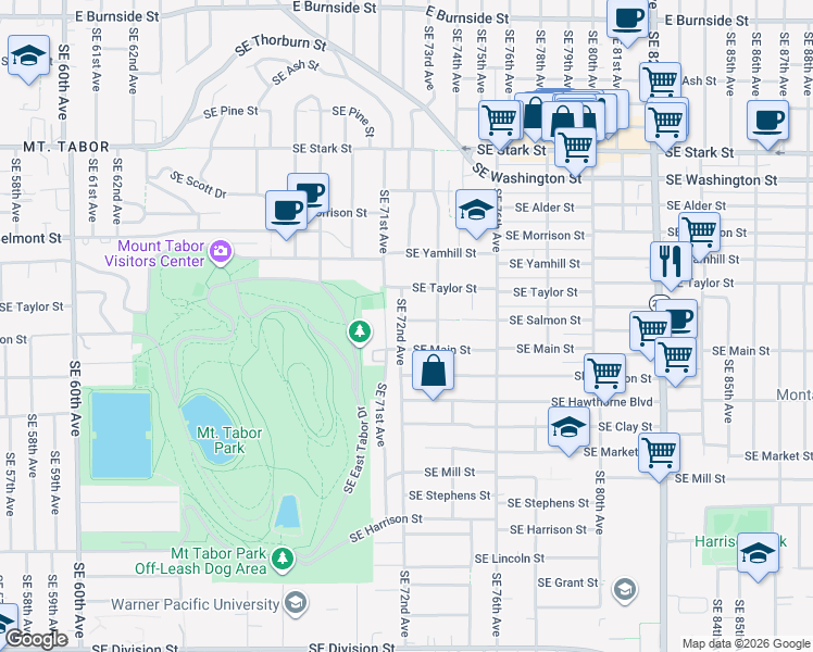 map of restaurants, bars, coffee shops, grocery stores, and more near 7206 Southeast Salmon Street in Portland