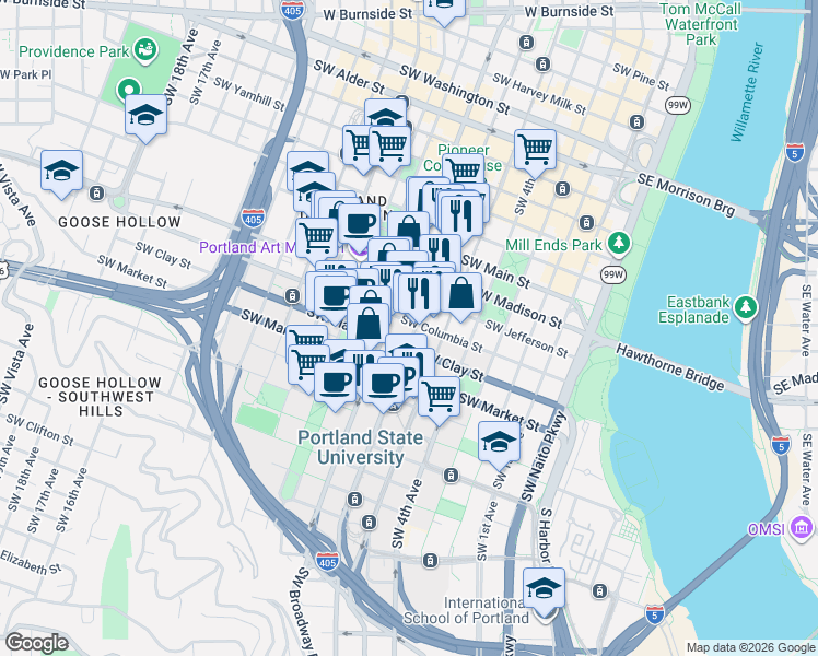 map of restaurants, bars, coffee shops, grocery stores, and more near 622 Southwest Columbia Street in Portland
