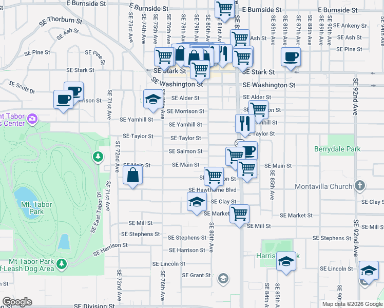 map of restaurants, bars, coffee shops, grocery stores, and more near 7820 Southeast Salmon Street in Portland