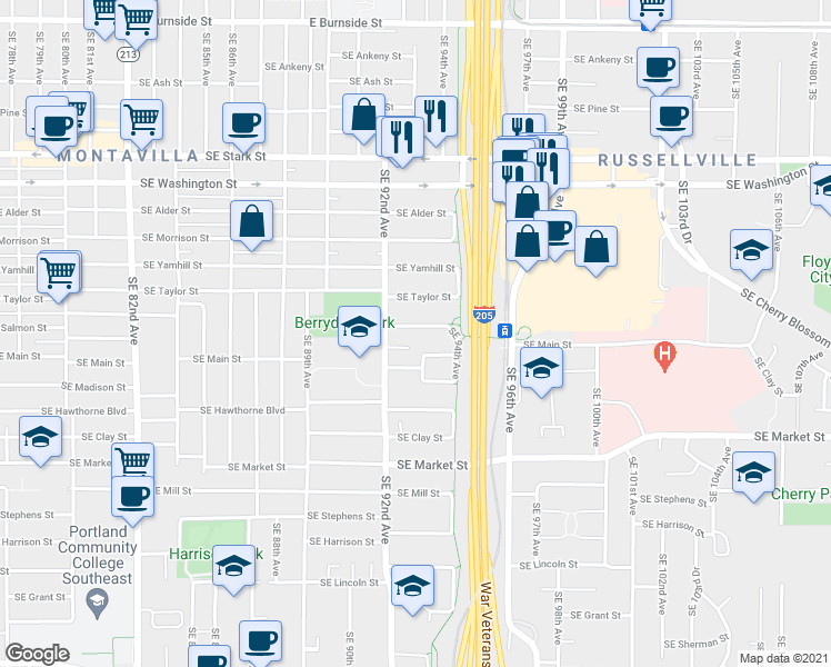 map of restaurants, bars, coffee shops, grocery stores, and more near 9258 Southeast Salmon Street in Portland