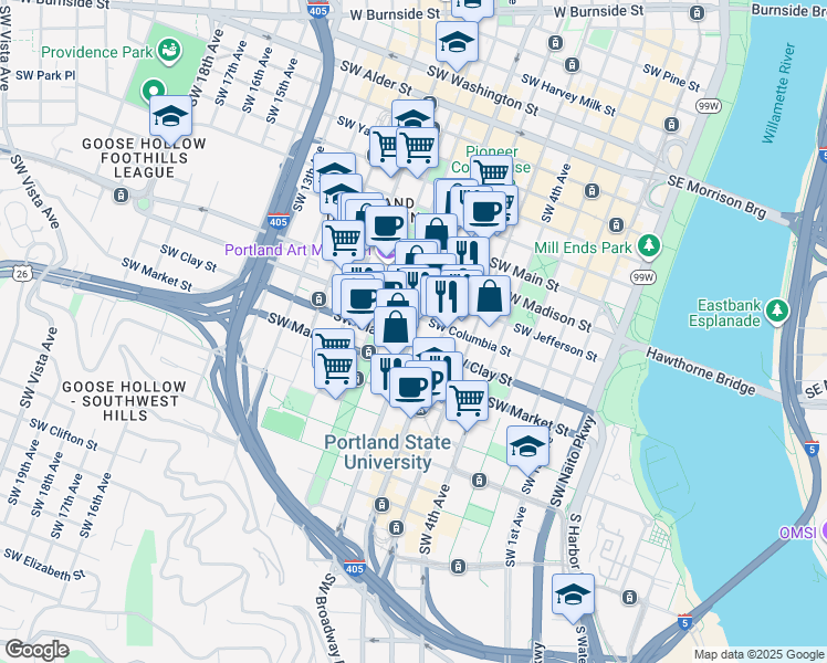 map of restaurants, bars, coffee shops, grocery stores, and more near 1455 Southwest Broadway in Portland