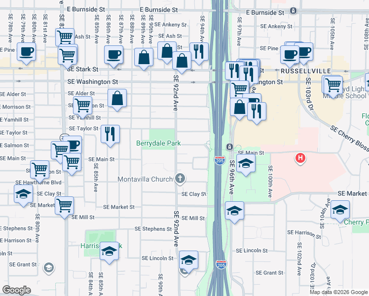 map of restaurants, bars, coffee shops, grocery stores, and more near 9258 Southeast Salmon Street in Portland